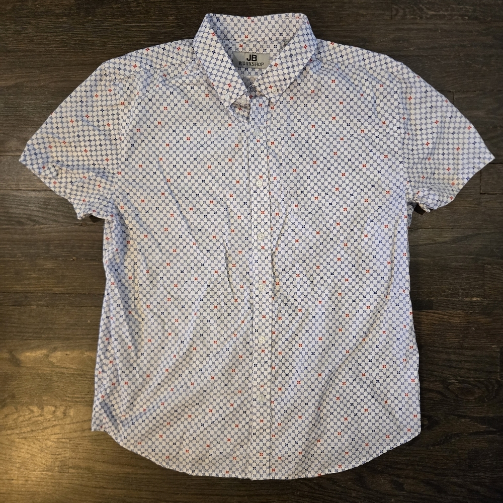 JB Workshop Blue and White Casual Button Down Shirt (Tag XL Fits L)
